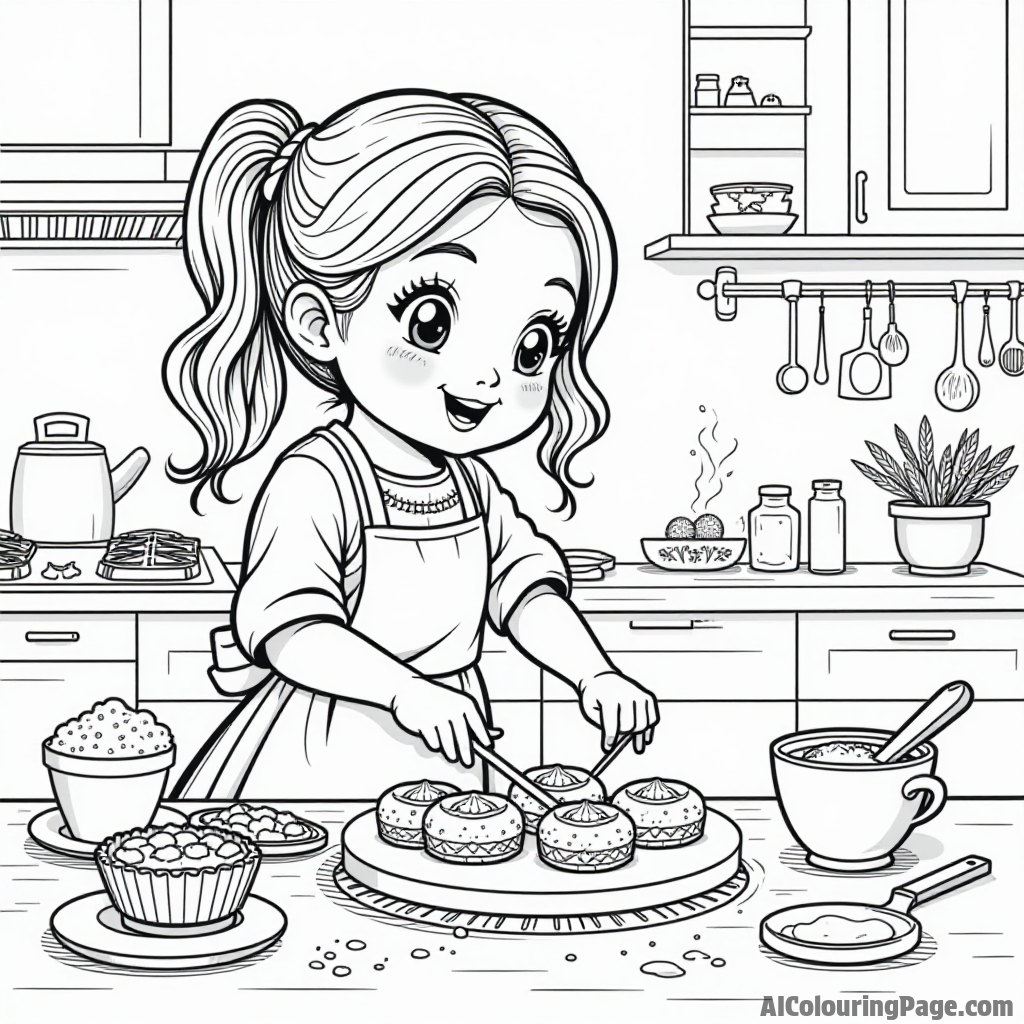 A cozy kitchen scene where a girl bakes traditional pastries, with flour and ingredients spread out on the table