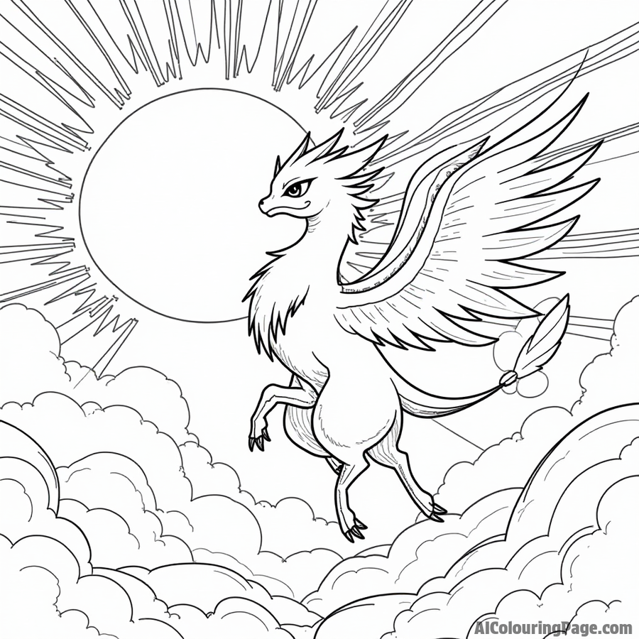 Reshiram flying towards a blazing sun