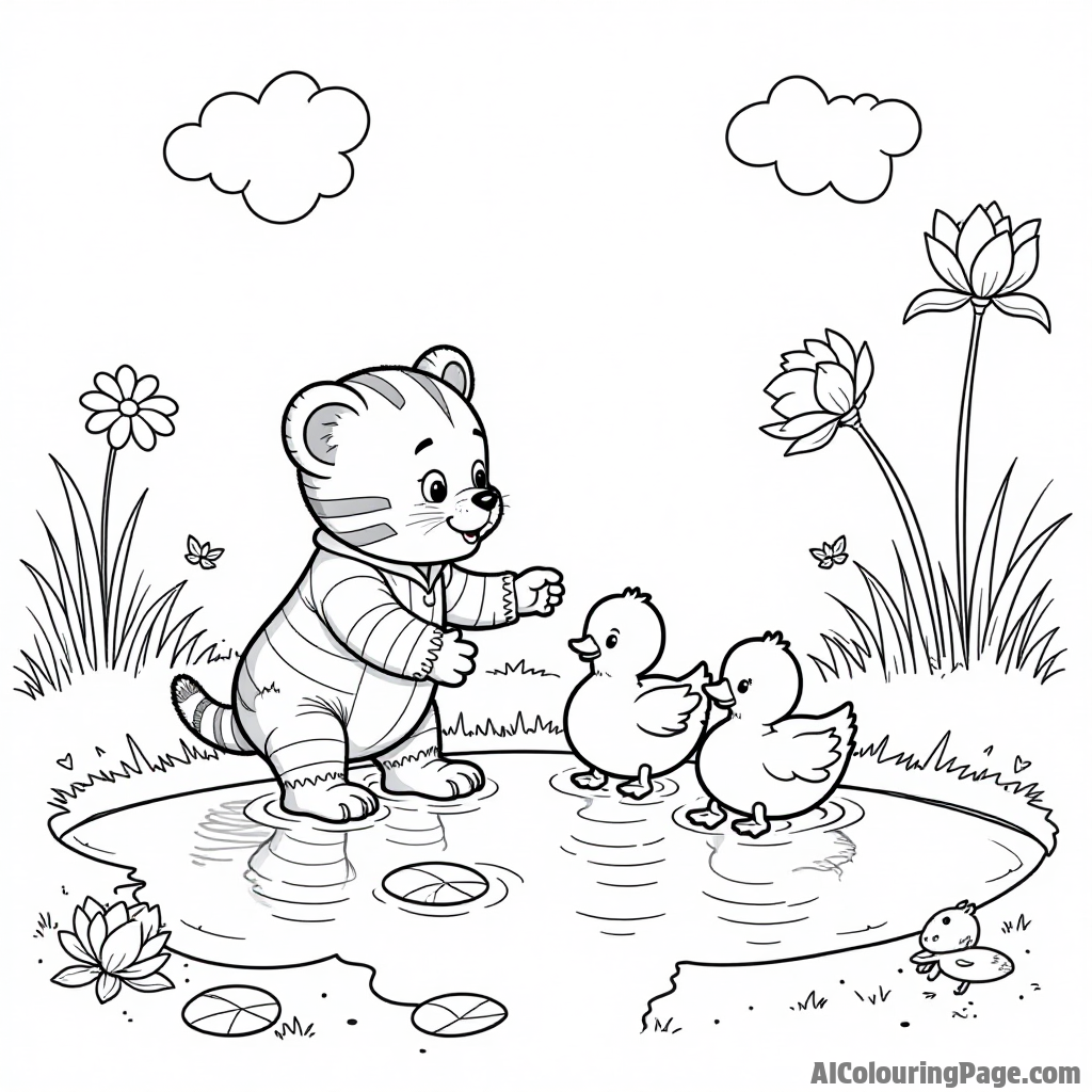 Daniel Tiger feeding ducks at a pond with his friends, surrounded by lily pads, flowers, and little fish swimming around.