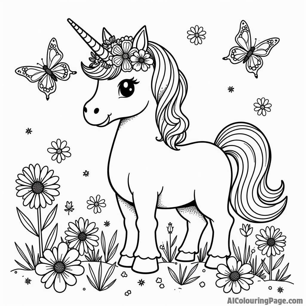 A unicorn with a flower crown standing in a field of daisies and butterflies, perfect for a cheerful and bright coloring page.