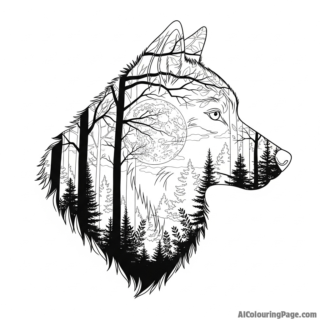 A double exposure photograph combining a wolf's profile with a dense, moonlit forest scene.