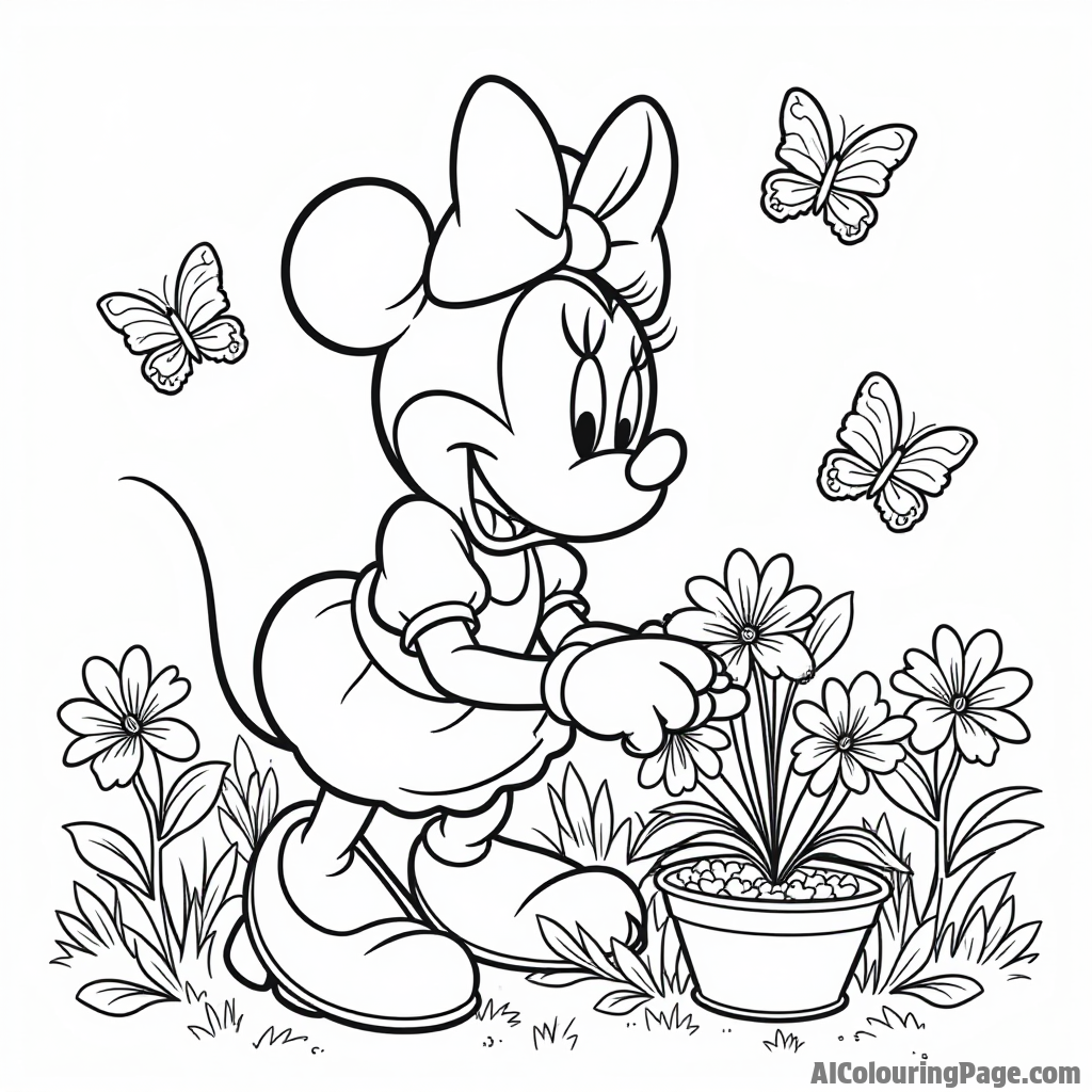 Minnie Mouse gardening, planting flowers in a colorful flower bed, with butterflies fluttering around her.