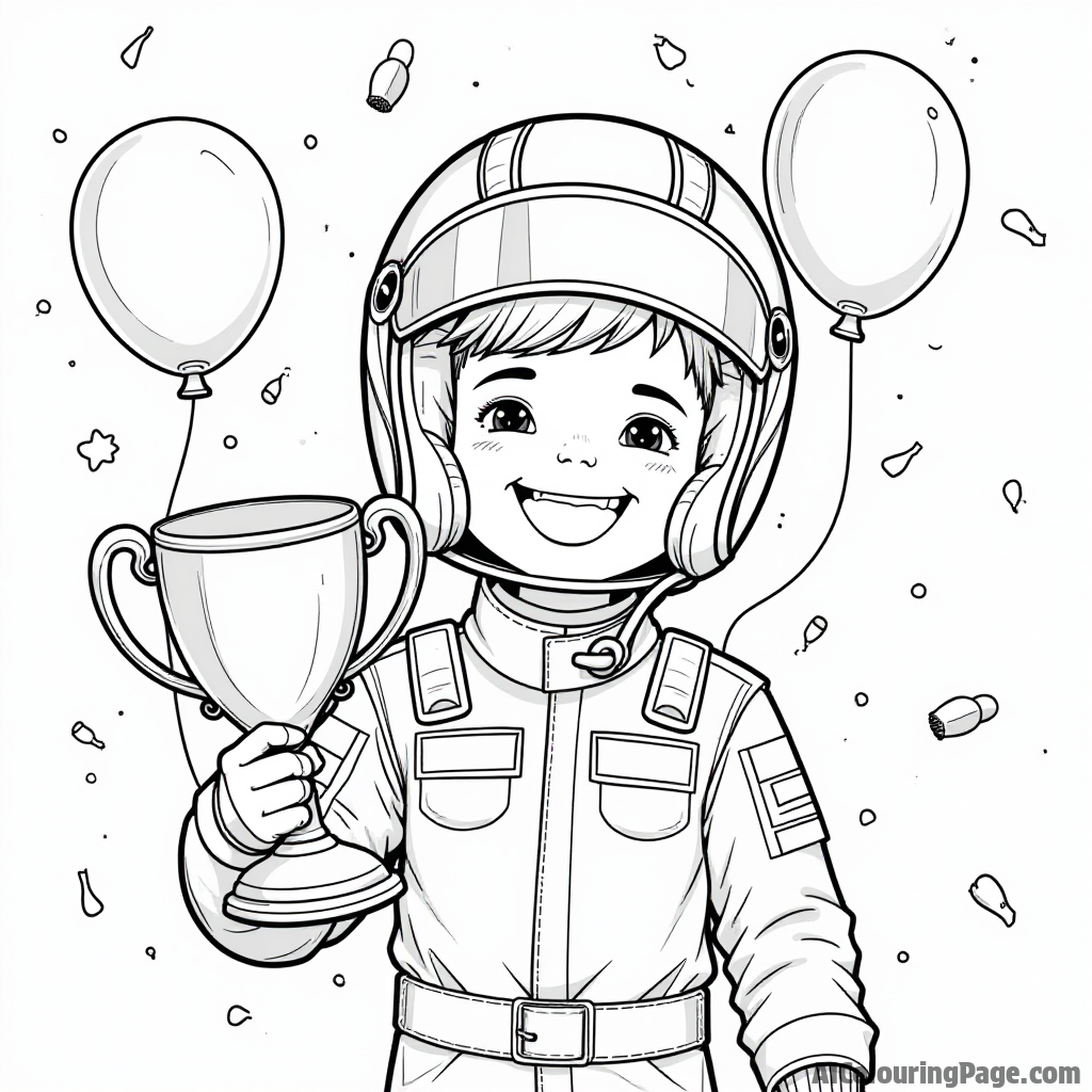 A young driver wearing a racing helmet and holding a trophy, surrounded by colorful balloons and confetti, celebrating a big win in a charming black and white illustration.