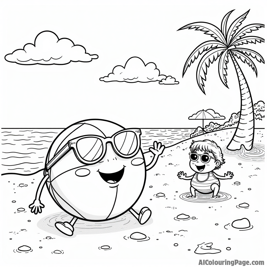 A cartoon basketball wearing sunglasses relaxing on a beach, surrounded by kids playing beach games, creating a fun and sunny scene perfect for a kids' coloring book.