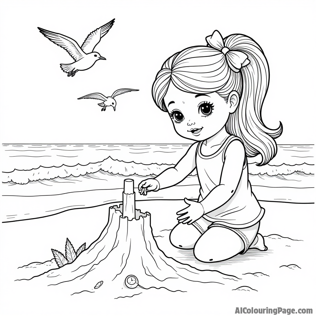 A doll at the beach building a sandcastle, with waves and seagulls in the background, creating a delightful summer scene for kids to color.