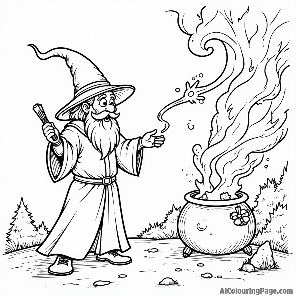 A magical scene with a wizard casting spells, a swirling wand, and a cauldron bubbling with colorful potions in his tower.