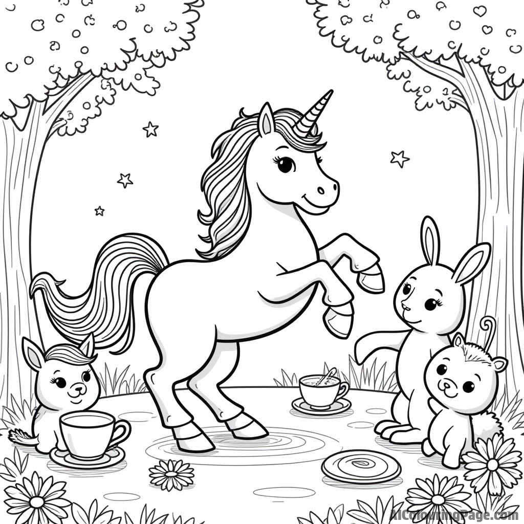 A unicorn dancing at a whimsical tea party with cheerful woodland creatures, creating a delightful scene for coloring fun.