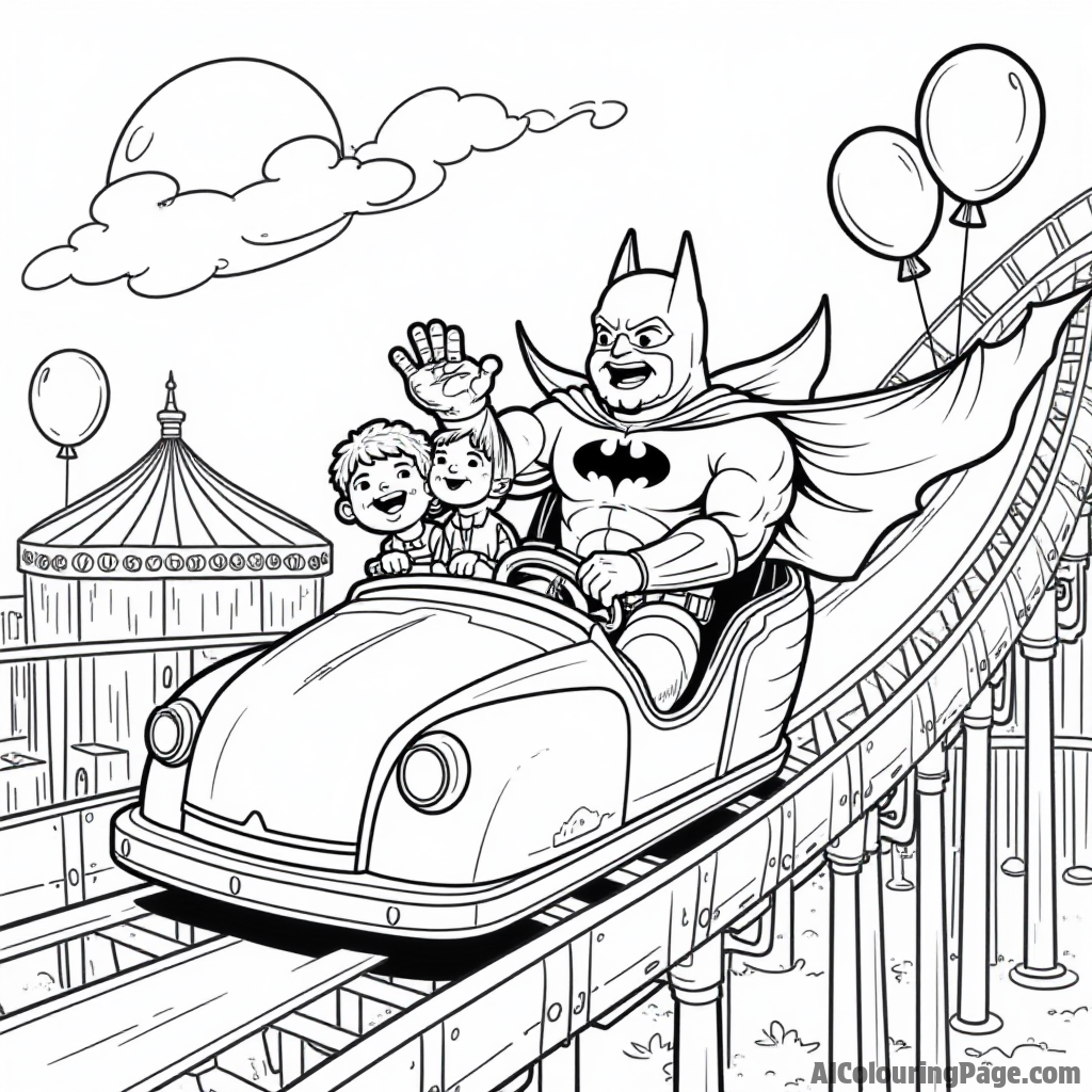 A whimsical scene of Batman having fun at a carnival, riding a roller coaster with friends and colorful balloons.