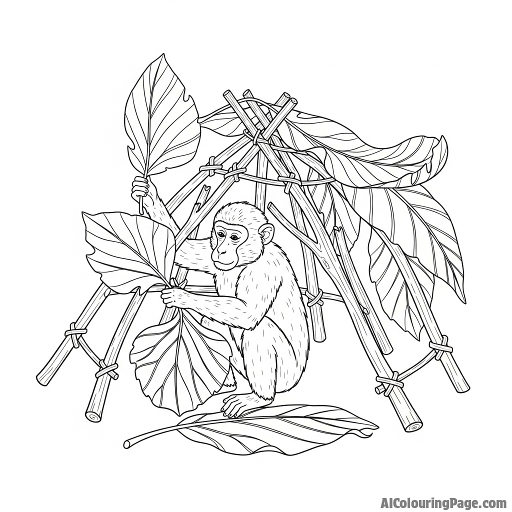 A monkey building a simple shelter out of large leaves and woven branches.