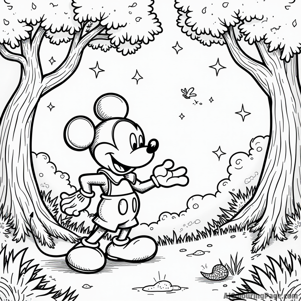 Mickey Mouse exploring a magical forest, surrounded by enchanted trees, talking animals, and sparkling lights.