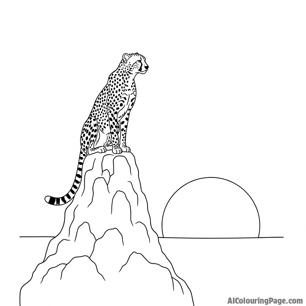 Silhouette of a cheetah perched on a termite mound against the setting sun's bright orb.