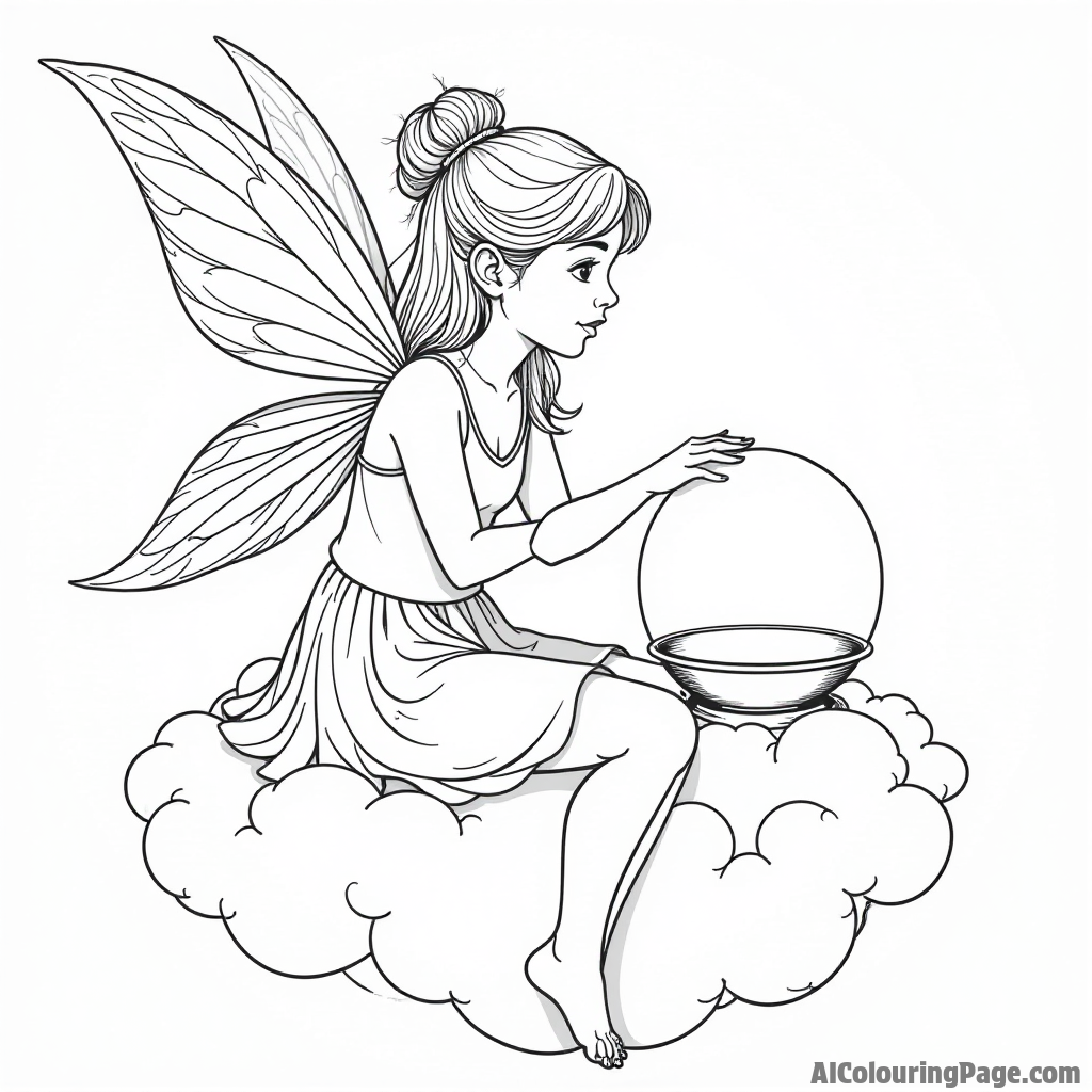 A fairy with a crystal ball gazing into the future while sitting on a floating cloud