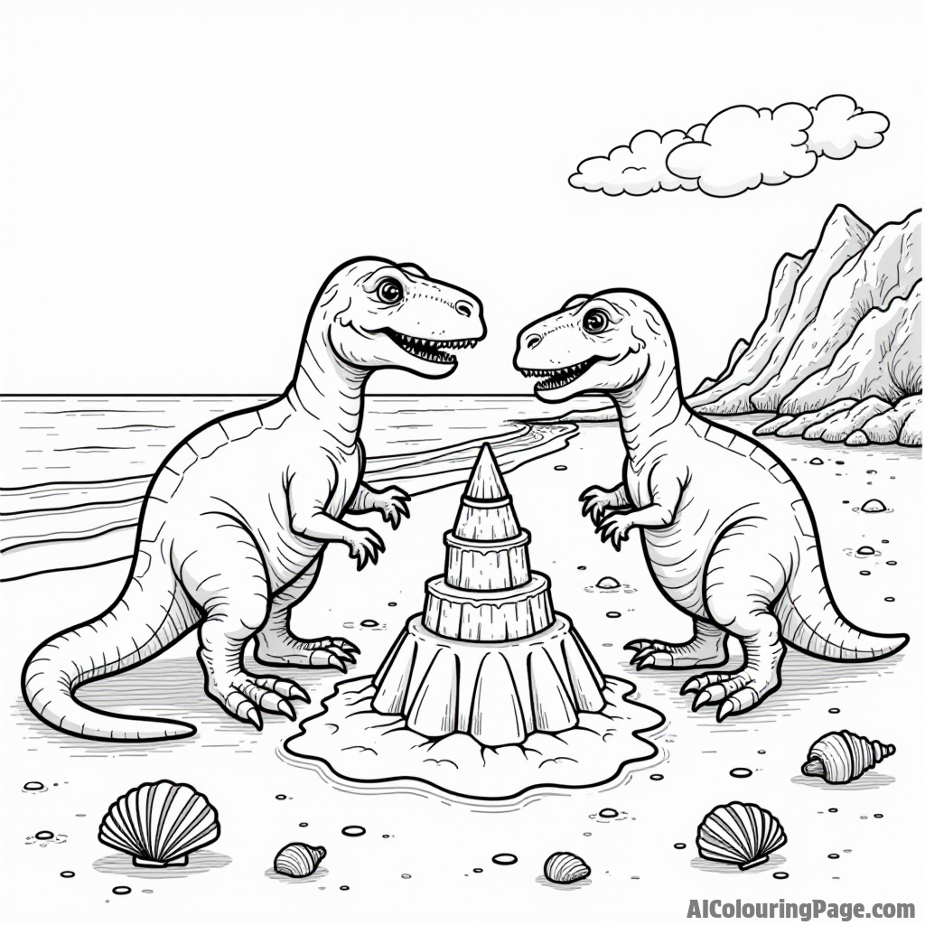 A scene of dinosaurs building a sandcastle on a prehistoric beach with seashells scattered around.