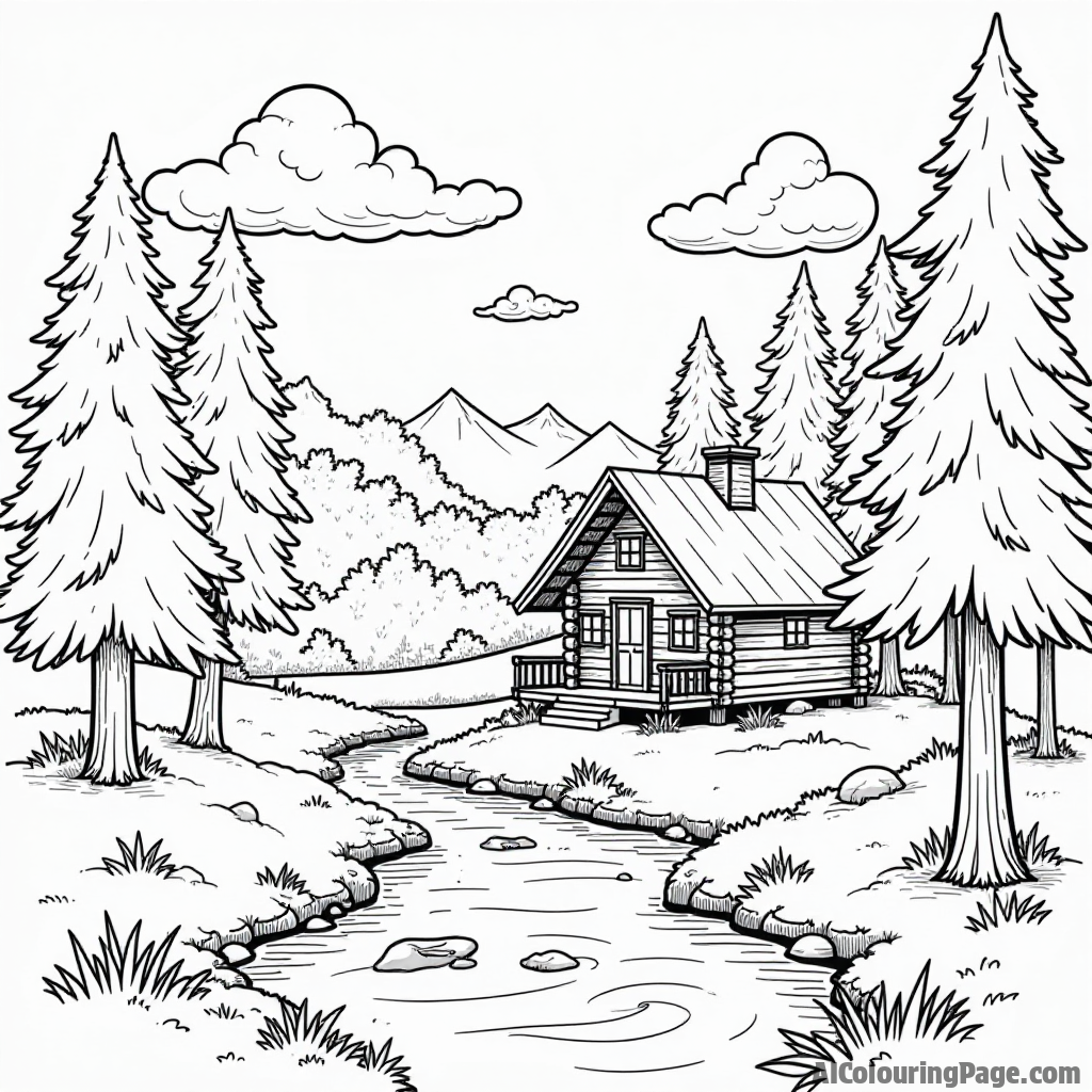 A serene forest landscape displaying a cozy log cabin, a gentle stream, and fluffy clouds drifting above.