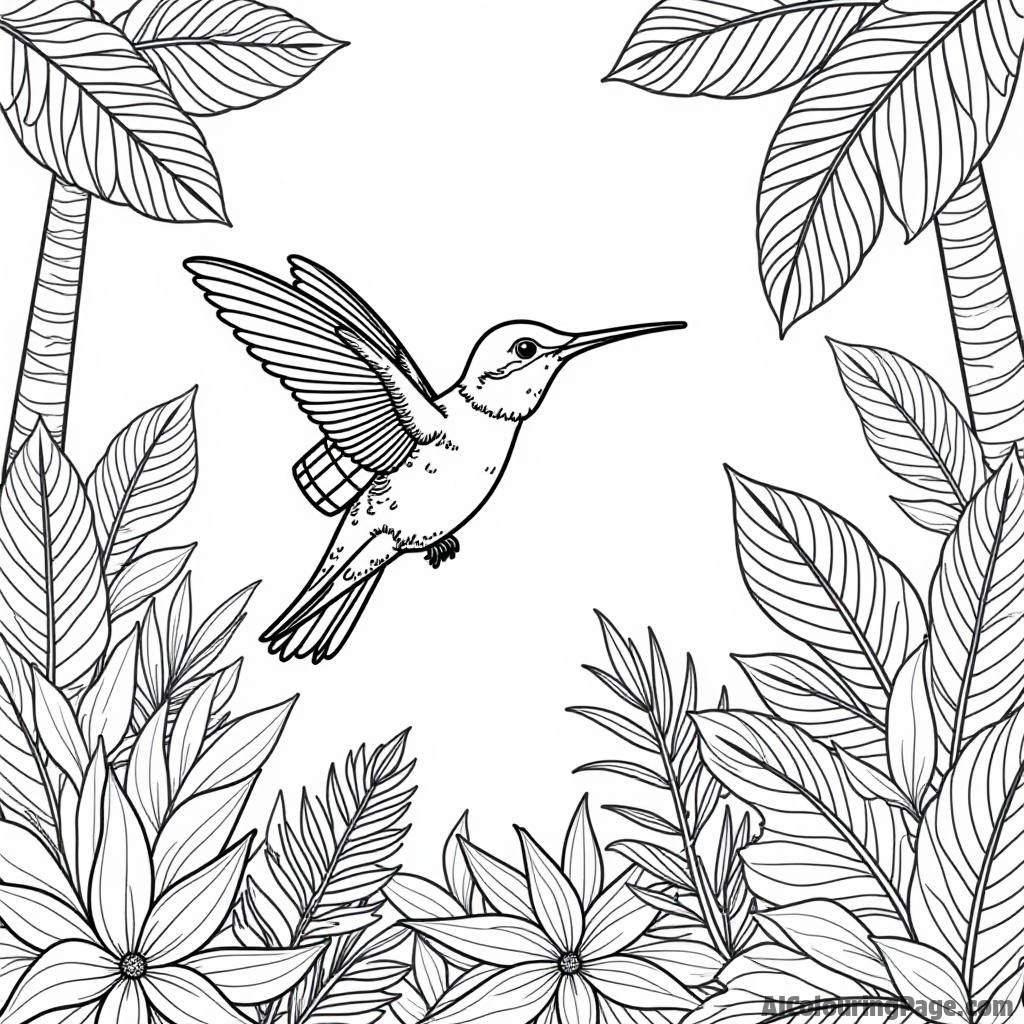 A hummingbird with a tiny backpack exploring a vibrant jungle filled with exotic plants.