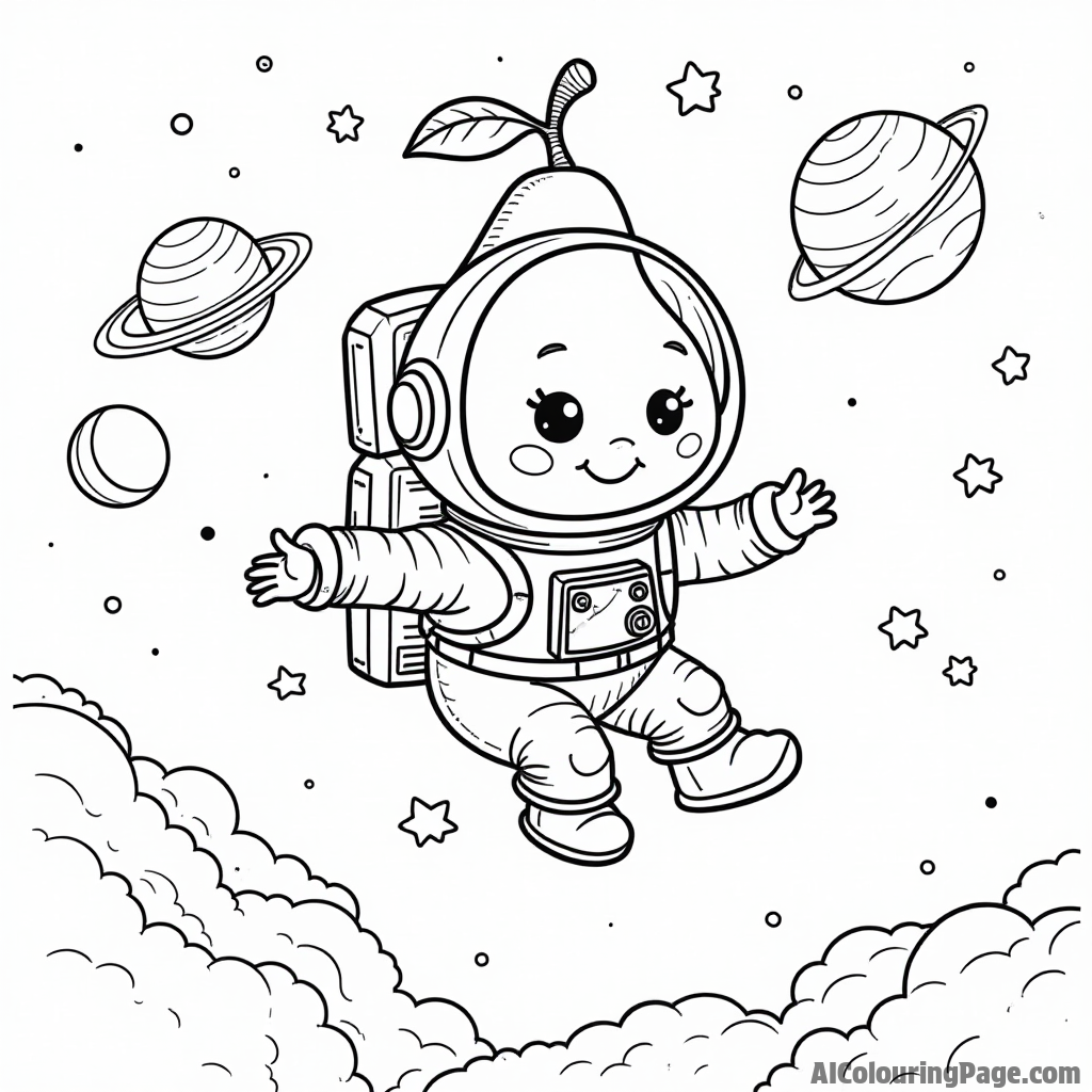 A pear astronaut floating in space with stars and planets, encouraging kids to color their imaginative space journey.