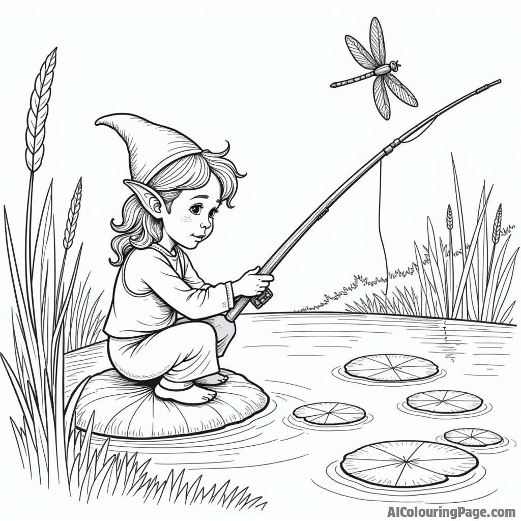 An elf fishing in a tranquil pond, with lily pads and dragonflies hovering above, creating a peaceful and serene scene for kids to bring to life with their colors.