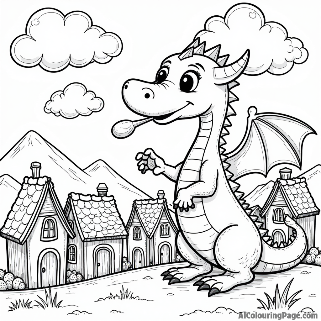 A playful chocolate dragon breathing chocolate clouds over a village filled with candy houses.