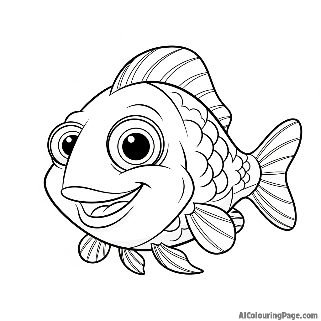 A cartoon fish with expressive, oversized eyes and a wide grin.