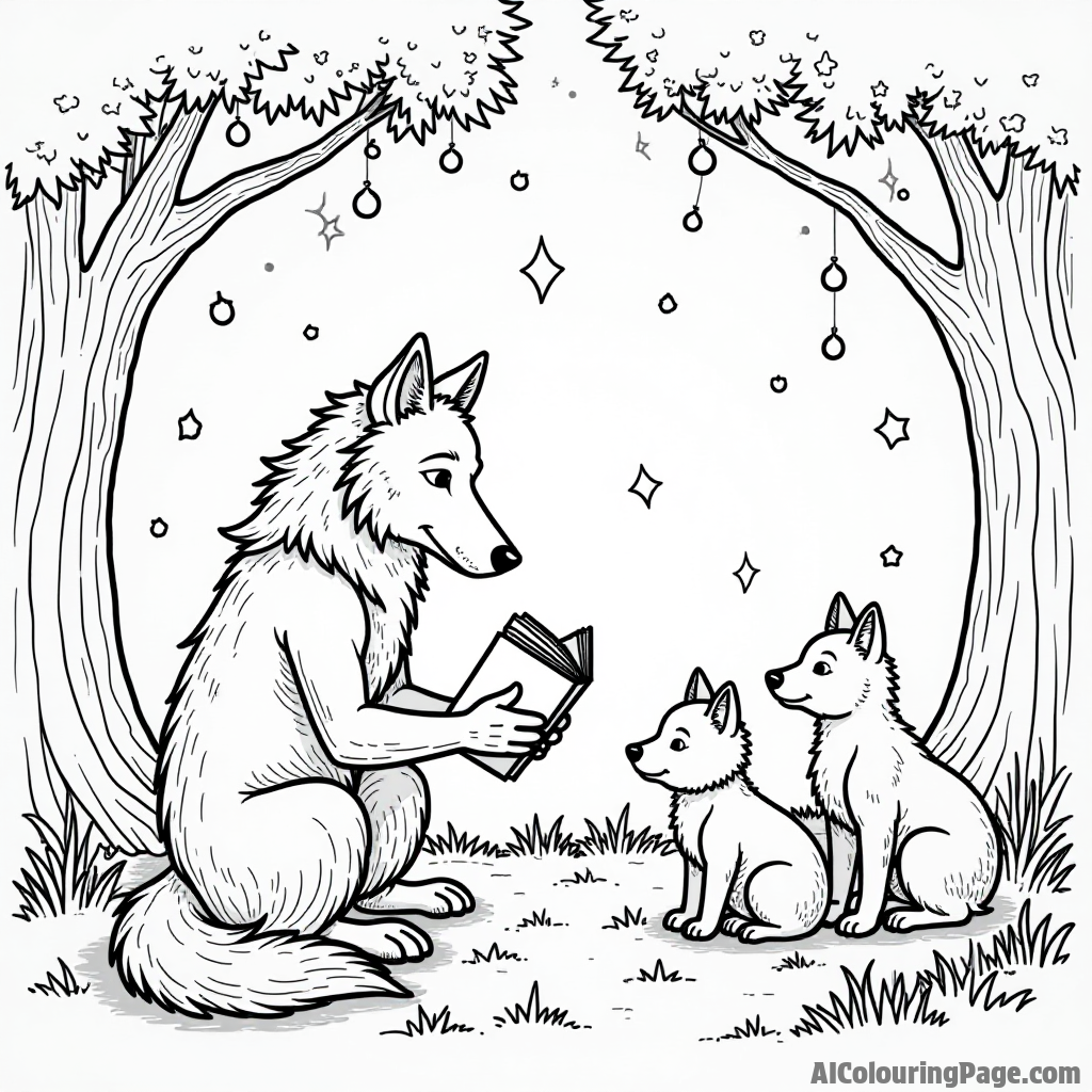 A werewolf reading a story to a group of enchanted animals in a cozy forest clearing under twinkling lights.