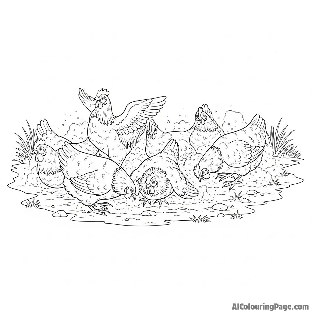 A group of chickens dust bathing in a patch of dry earth.