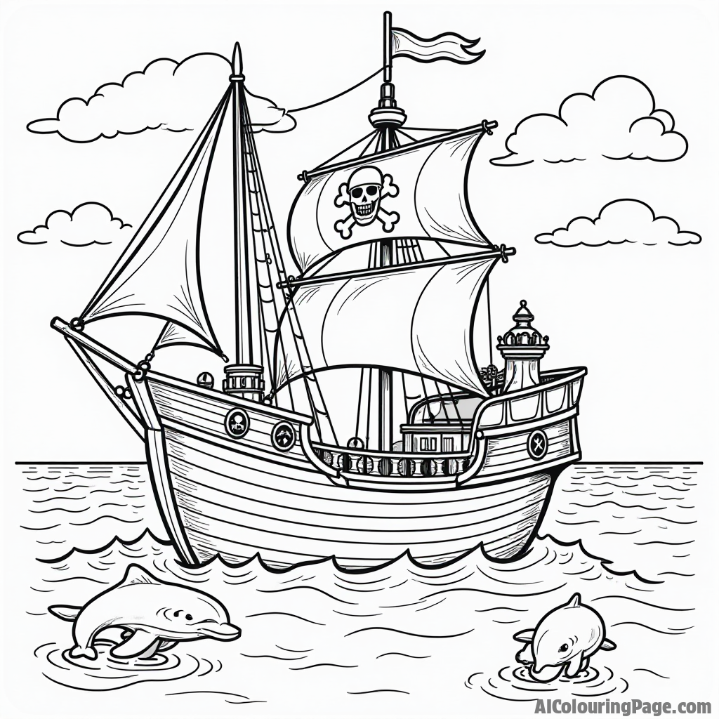 A pirate ship chessboard on the ocean, featuring a brave captain chess piece and a treasure map, surrounded by playful dolphins, creating an adventurous coloring scene for kids.