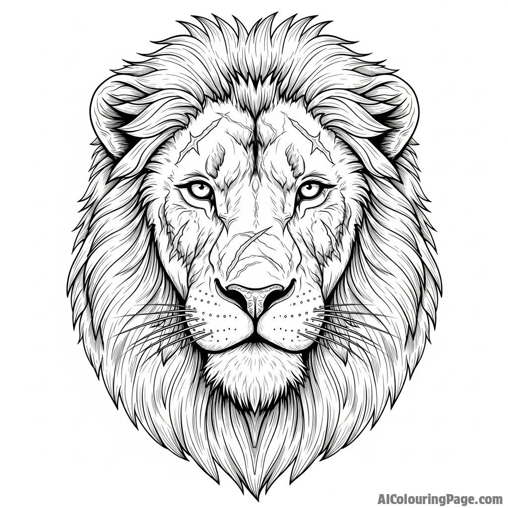 An old, battle-scarred lion's face, its expression full of wisdom.