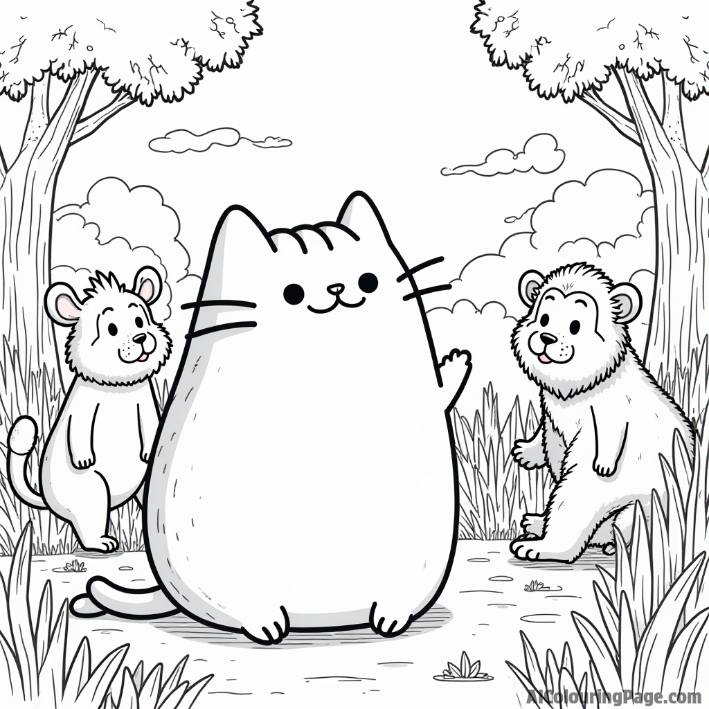 Pusheen enjoying a day at the zoo watching playful animals like lions and monkeys with a big smile