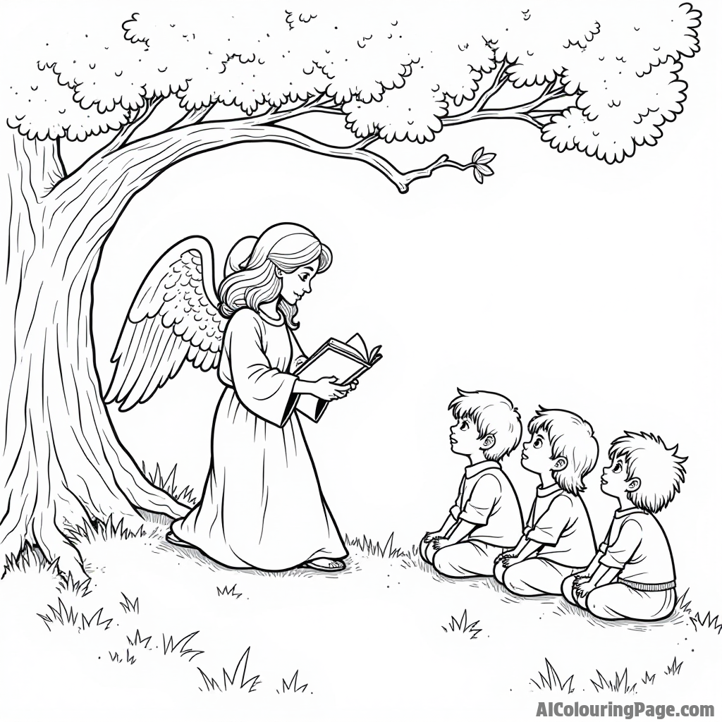 A wise angel reading a book to a group of eager children sitting on a grassy hill under a big tree.