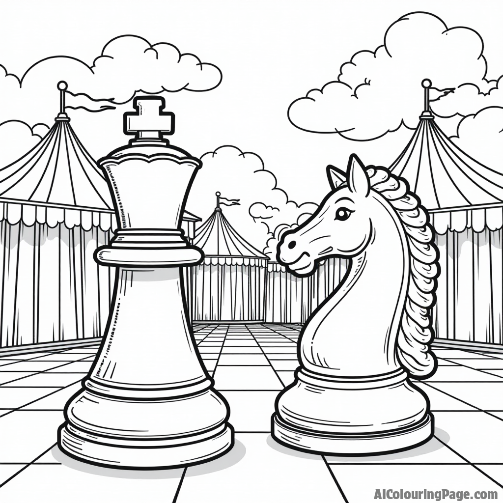 A chess-themed carnival with chess piece rides, including a spinning knight and a hopping pawn, set against bright tents and balloons, creating an entertaining coloring experience for children.