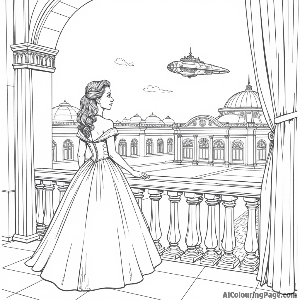 A young princess in a beautiful gown standing on a balcony, looking out at a distant starship landing in the courtyard.