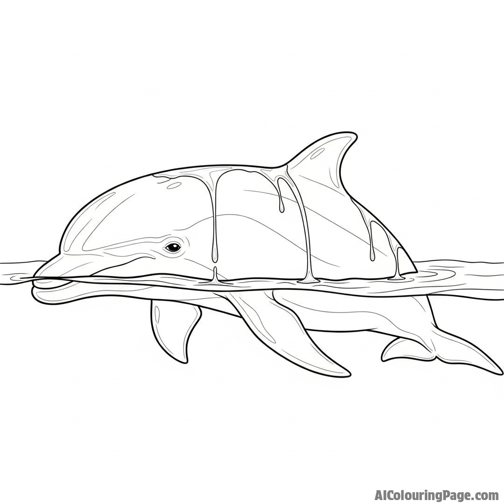 A dolphin’s sleek body half-submerged, with water beading and rolling off its smooth skin.