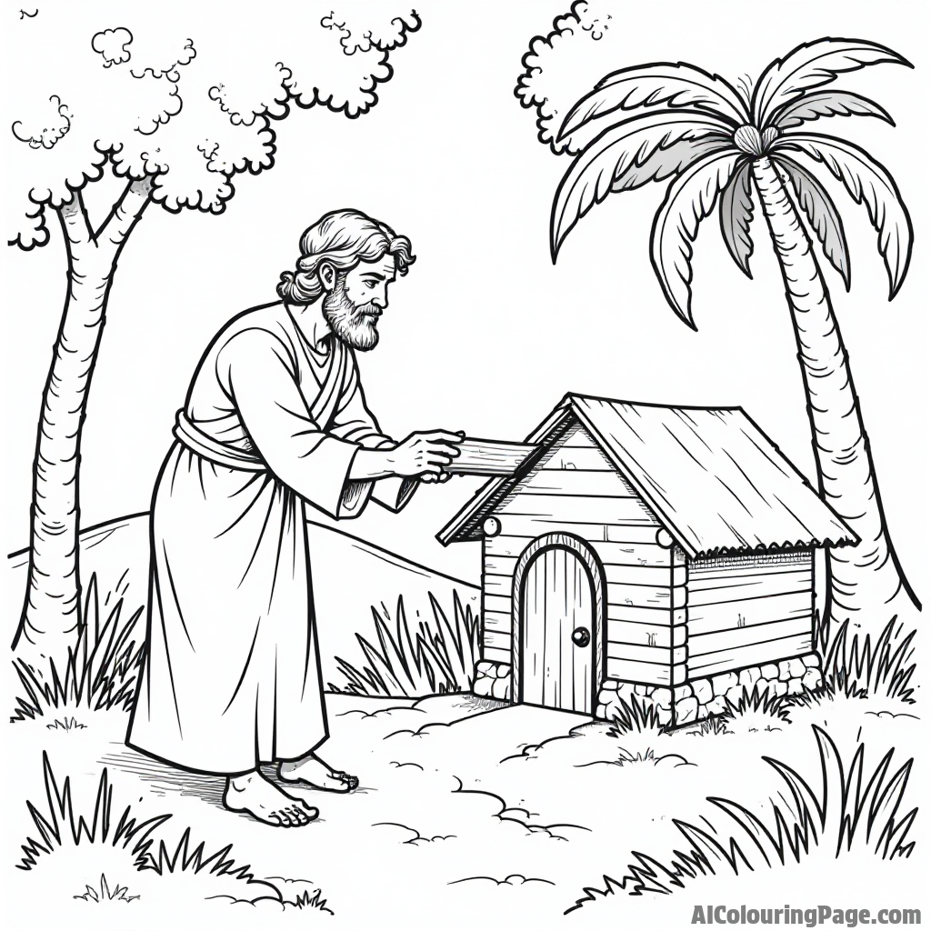 Adam building a small hut in the Garden of Eden