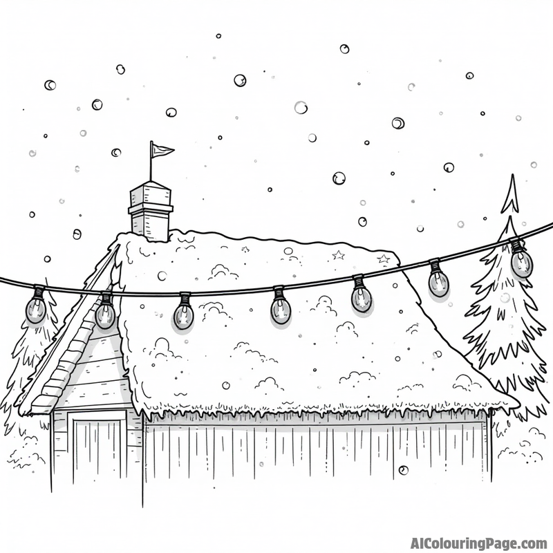 Christmas lights strung across a snowy roof