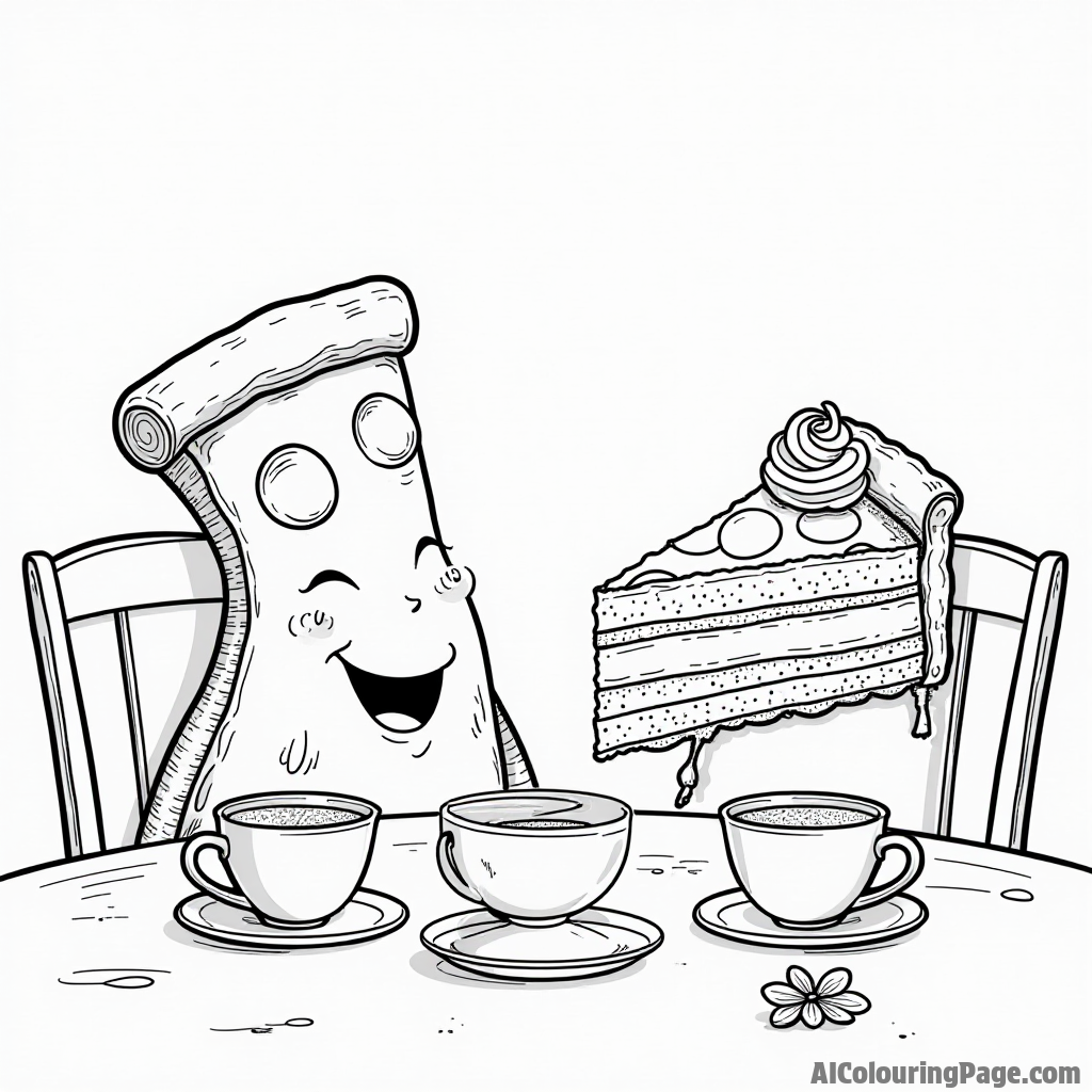 A pizza slice and a slice of cake having a friendly conversation at a cafe, with coffee cups and flowers on the table.