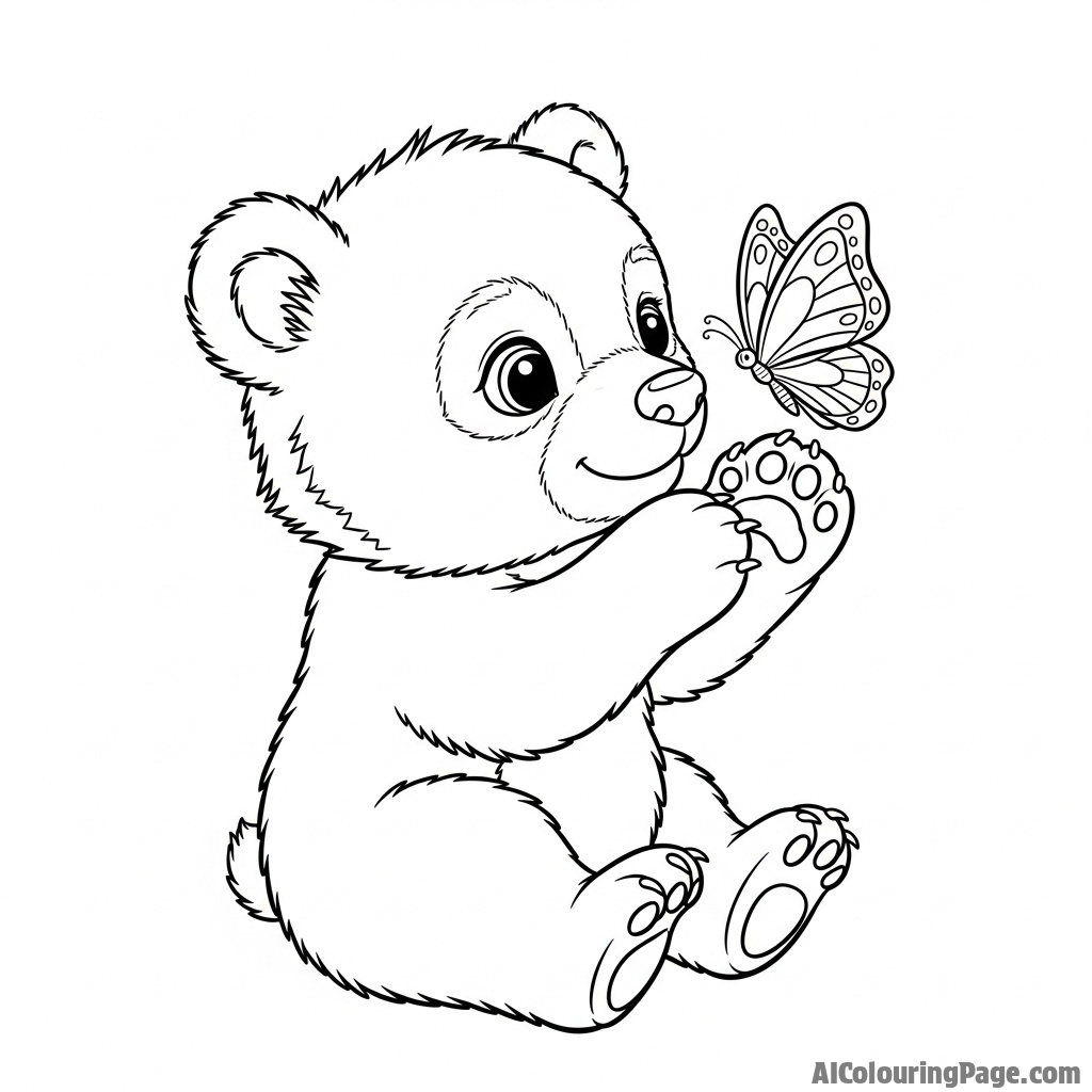 A bear cub curiously batting at a butterfly.