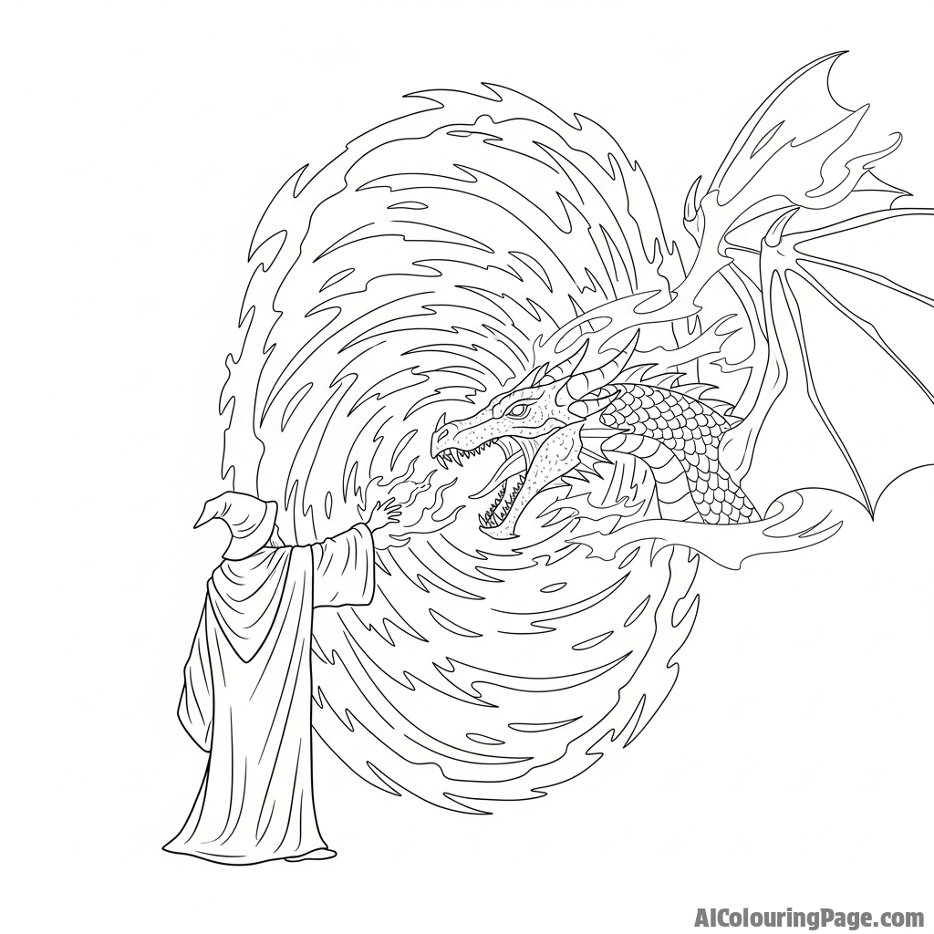 A wizard summoning a dragon from a swirling portal of pure energy.