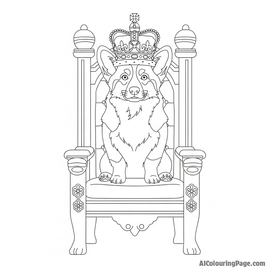 A royal corgi sitting on a grand throne, wearing an ornate crown.