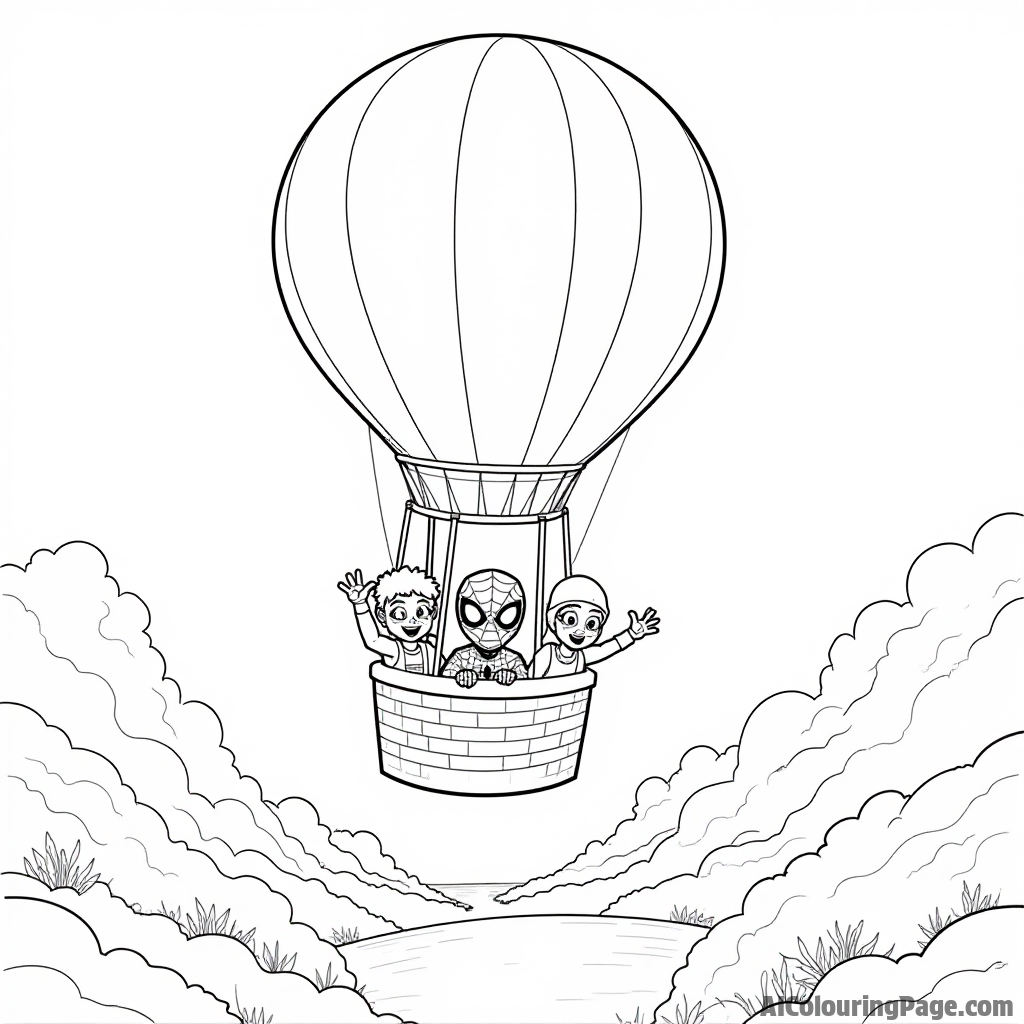 Spiderman and friends flying in a hot air balloon, beautiful landscapes below, children waving from the basket