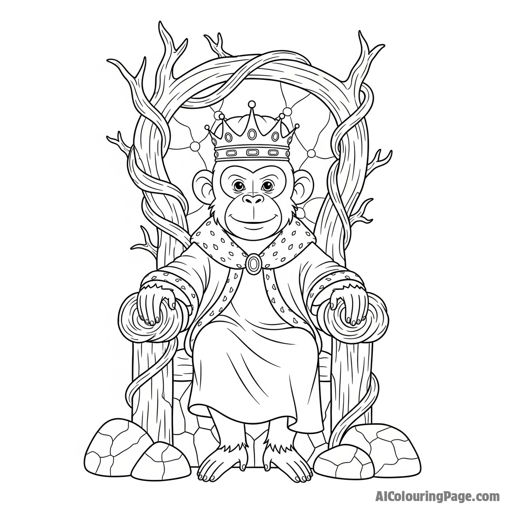A monkey dressed as a king, sitting on a throne made of twisted vines and stones.