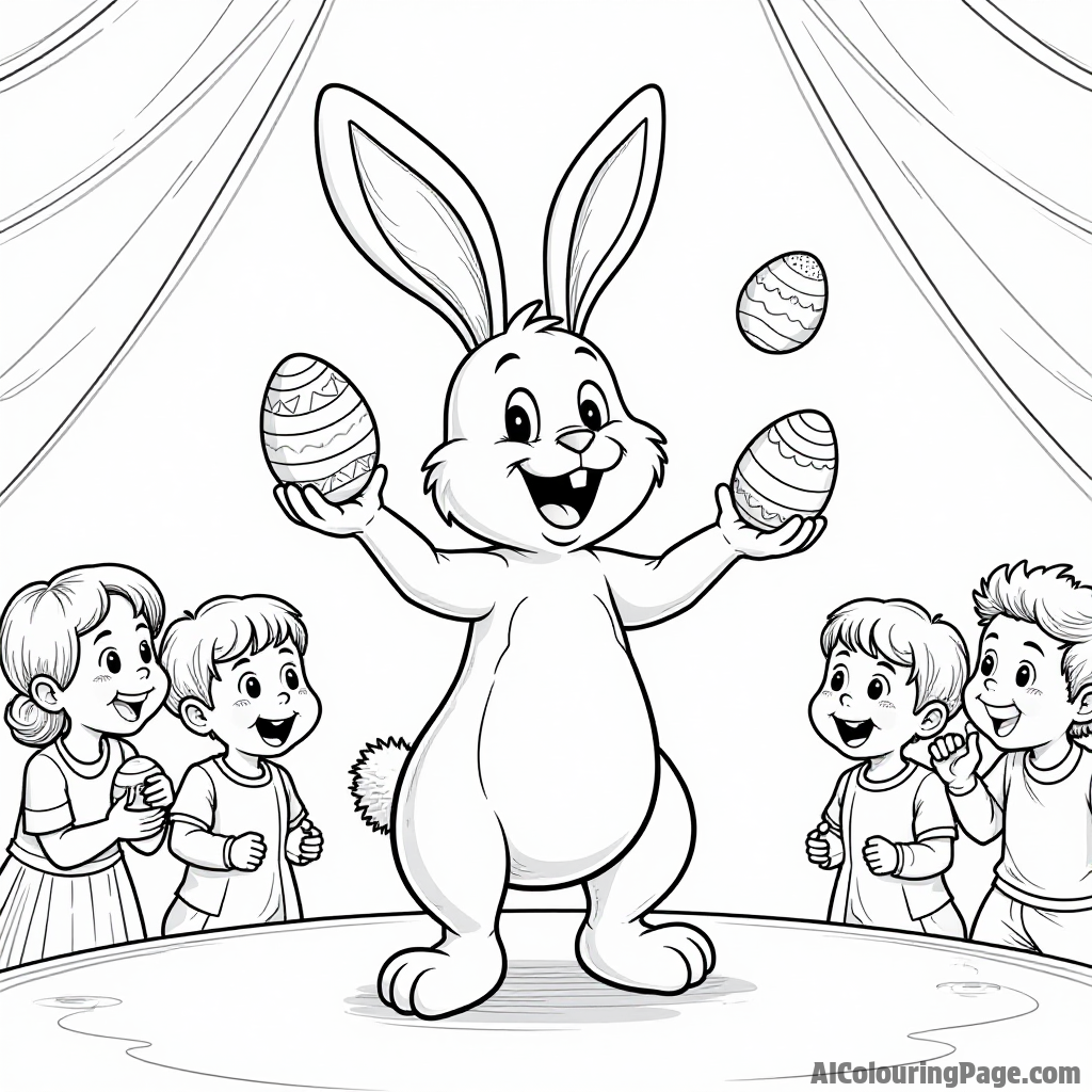 A smiling rabbit juggling colorful Easter eggs in a circus tent, with excited children watching from the audience.