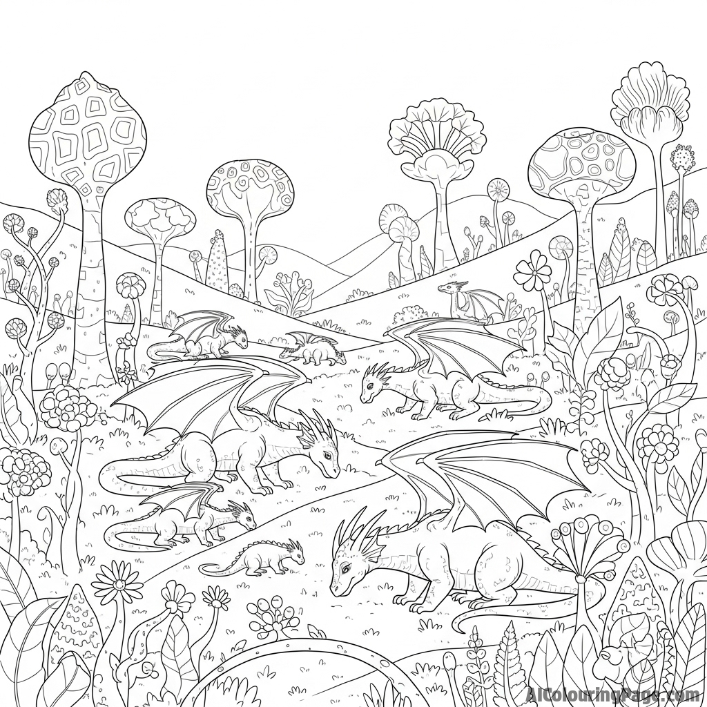 A peaceful scene of a herd of dragons grazing in a valley of giant, alien flora.