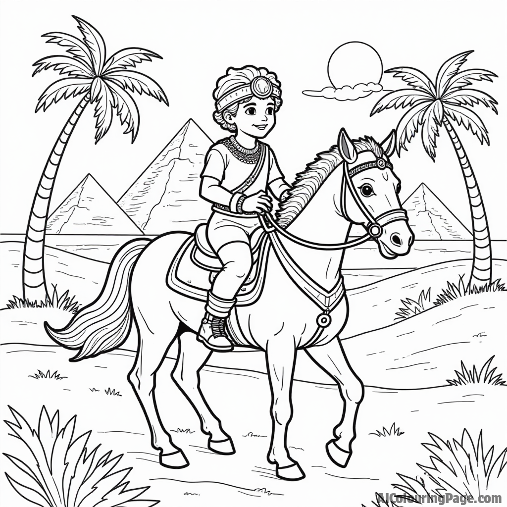 A playful depiction of a young prince riding a horse in the desert with a backdrop of pyramids and palm trees, encouraging imaginative coloring related to ancient royalty and adventure.