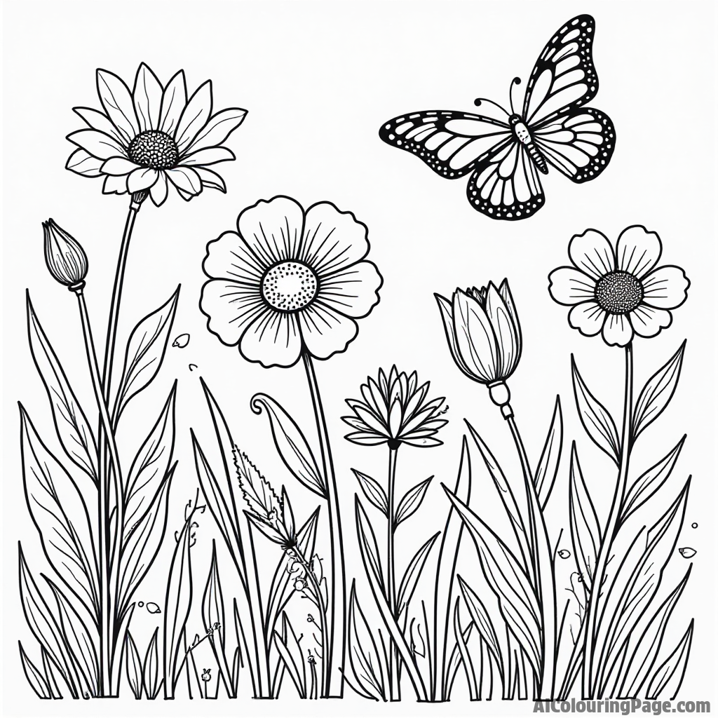 A delightful garden filled with colorful flowers, a butterfly, and a ladybug, creating a peaceful scene for coloring fun.