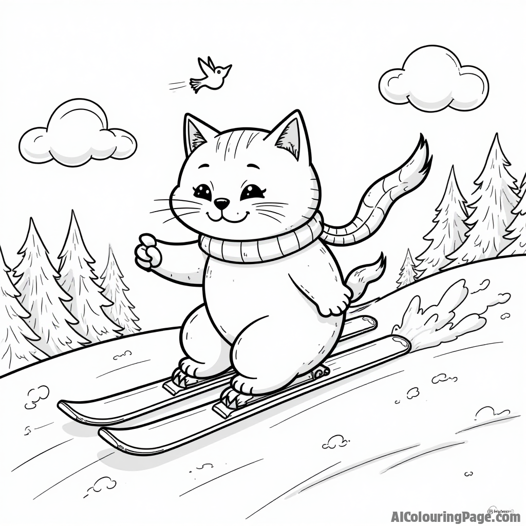 A whimsical scene of a cat wearing a scarf skiing down a hill, with birds flying overhead and fluffy clouds in the blue sky for a lighthearted sports coloring page.