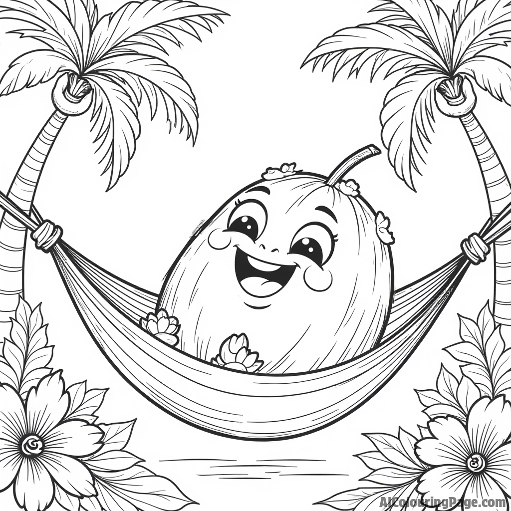 A jolly coconut character wearing a flower necklace, lounging in a hammock with tropical flowers and palm trees around.