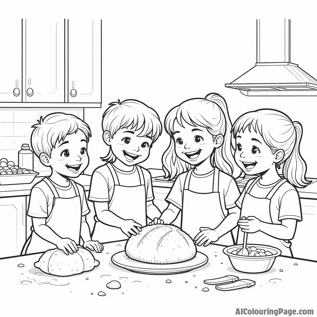 A group of children baking bread together in a kitchen, with flour on their faces and smiles all around.