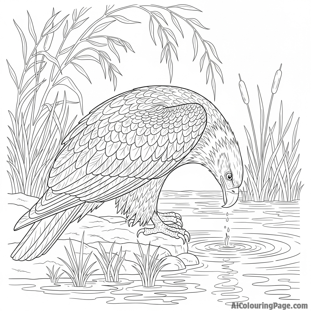 Eagle drinking from a water source.