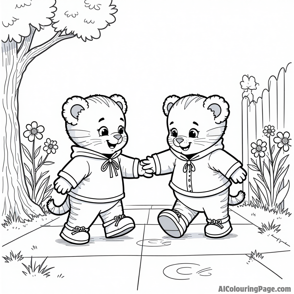 Daniel Tiger and Miss Elaina playing hopscotch on a sidewalk with chalk drawings and colorful flowers growing nearby.