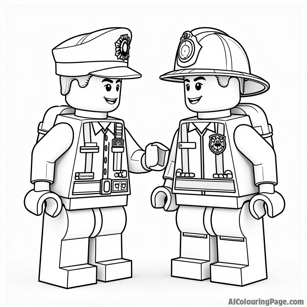 A Lego police officer and a Lego firefighter collaborating during a Lego emergency, fostering teamwork and creativity for kids to color and enjoy.